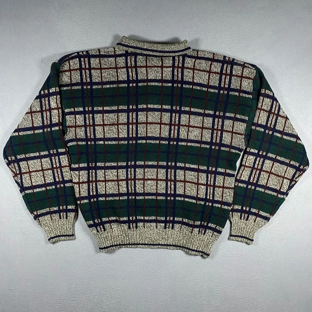 Vintage Sweater Graphix Polo Sweater Mens Large Green Plaid Long Sleeve Knit